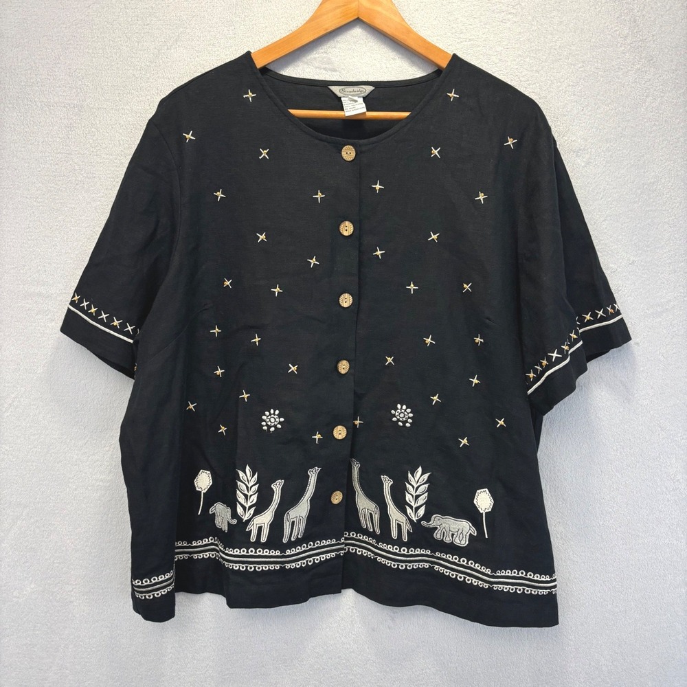Stonebridge Button Up Embroidered Linen Blend Giraffe Blouse Top Womens 2X Black